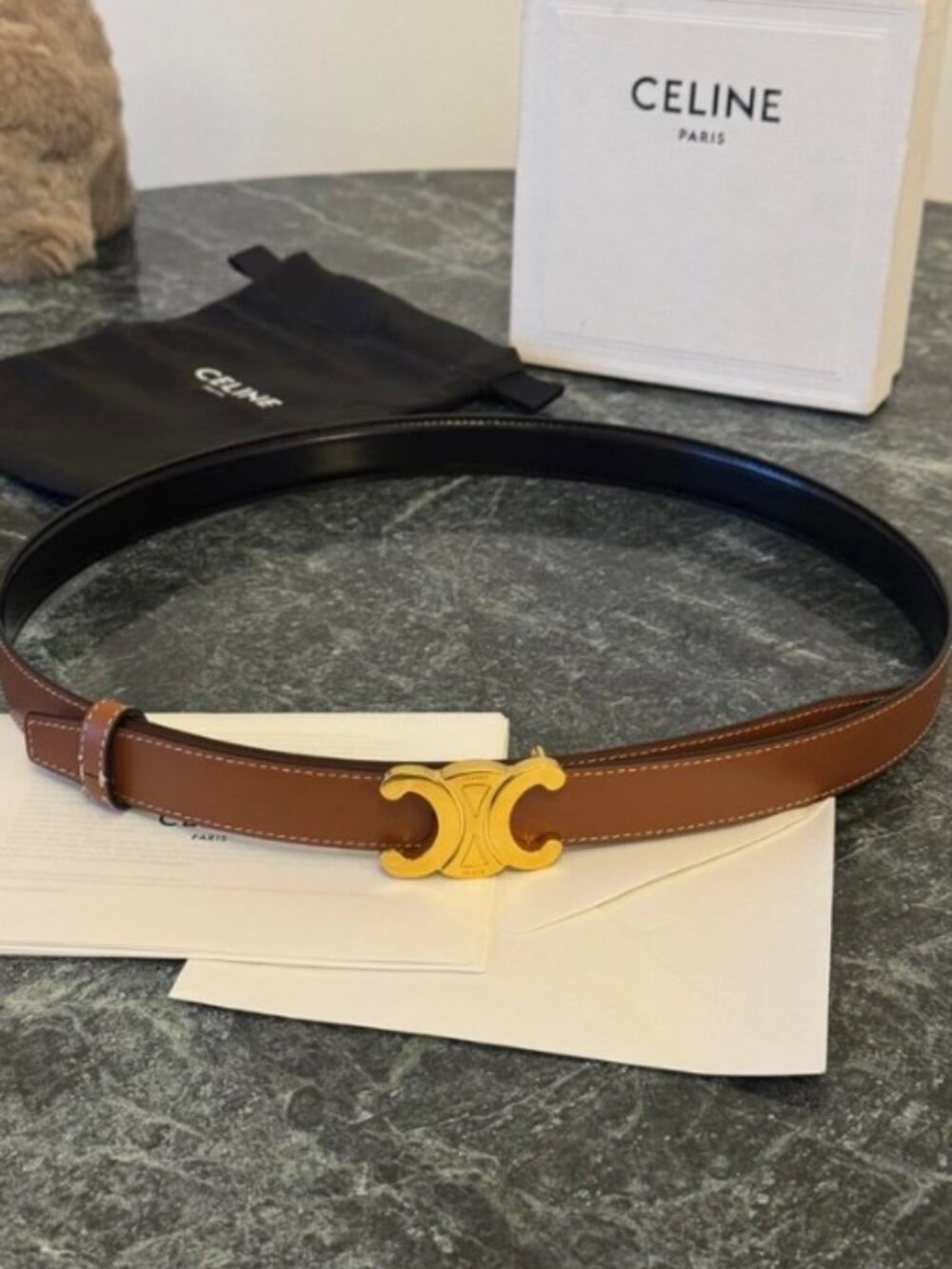 New Celine Triomphe Reversible Leather Belt - Black/Tan - 90cm - Picture 4 of 10